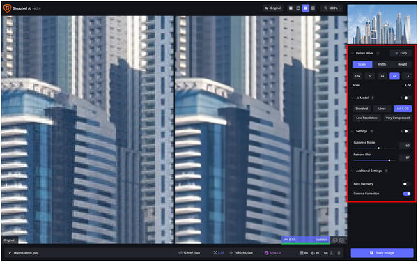 Configurações do editor de gigapixels