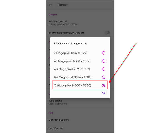 PicsArt Øk bildeoppløsning Velg Høy oppløsning
