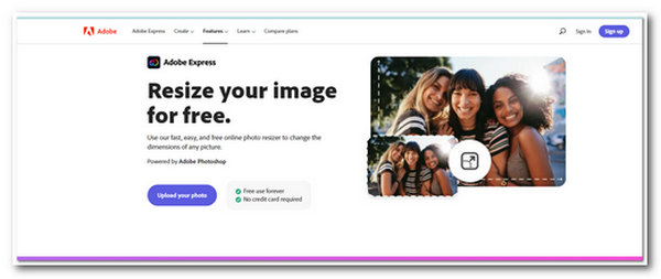 Adobe Express Resize Image -pääliittymä