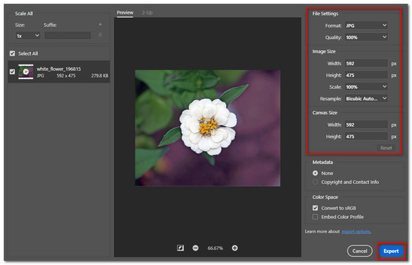 Adobe Photo Export zaostřeného obrázku