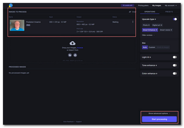 Lets Enhance Unpixelate Image Start Processing