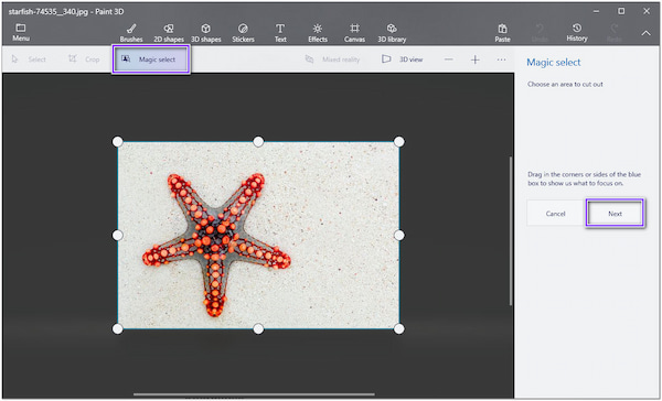 Maak achtergrond transparant in Paint 3D Magic Select