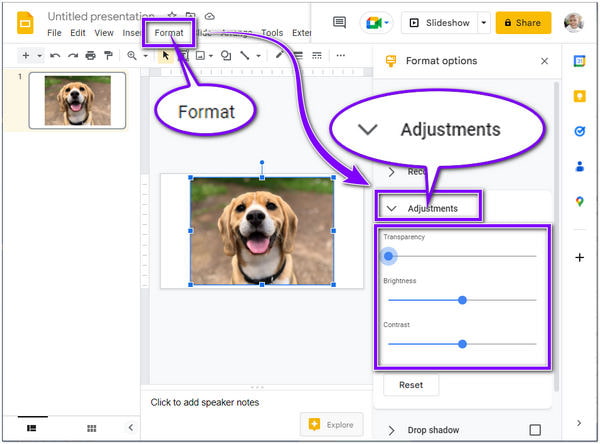 Fjern Google Slides-baggrundsjusteringer