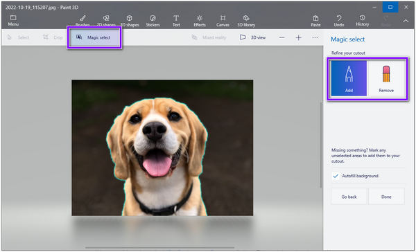 Quitar el fondo de la imagen en Paint Paint3D Magic Select