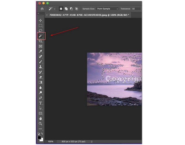 Adobe Photoshop Удалить водяной знак Photoshop Выберите инструмент «Волшебная палочка»