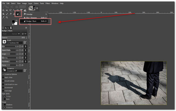 GIMP Usuń cienie Wybierz narzędzie Dodge
