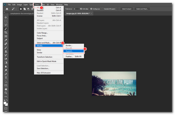 Adobe Photoshop Eliminar texto Seleccionar Expandir