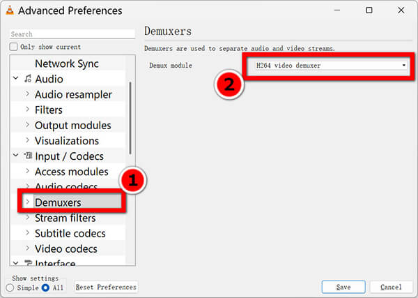 Select H264 Video Demuxer in VLC