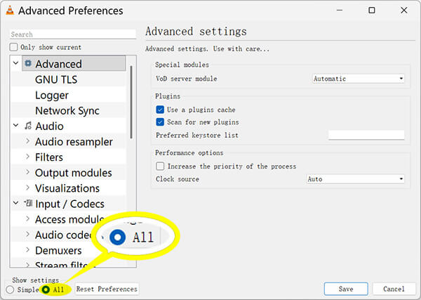 VLC Show All Preferences Settings