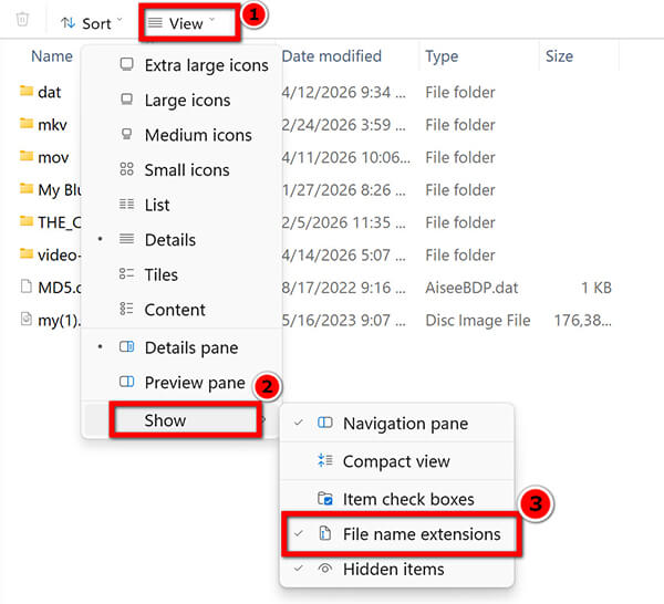 Show Dat File Name Extensions