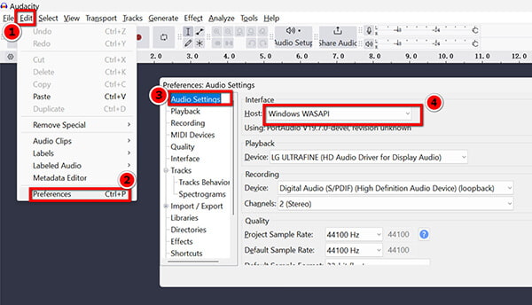 Change Audacity Audio Host Settings