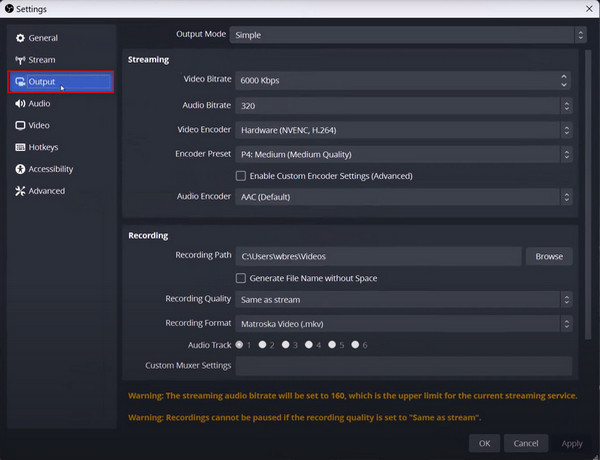 Select Output In Settings Window