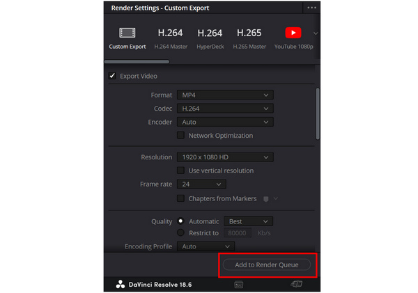 DaVinci Resolve Lisää renderöintijonoon