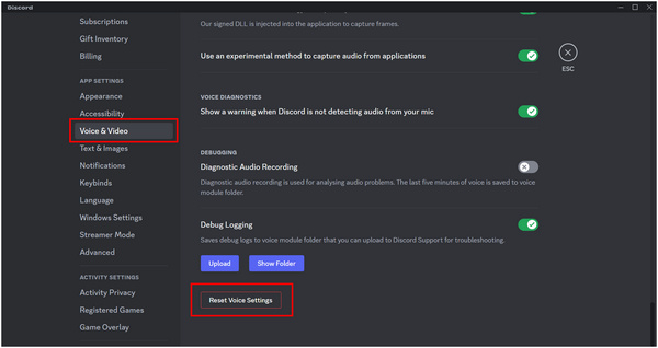 Discord redefinir configurações de voz