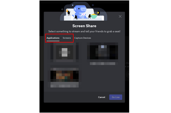 Modos de compartilhamento de tela do Discord