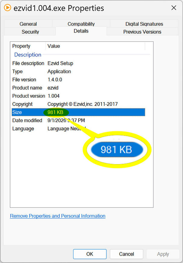 Ezvid File Size