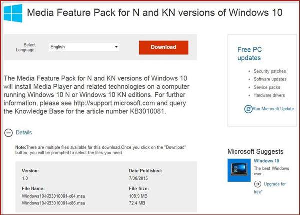 Balíček Media Feature Pack Windows 10