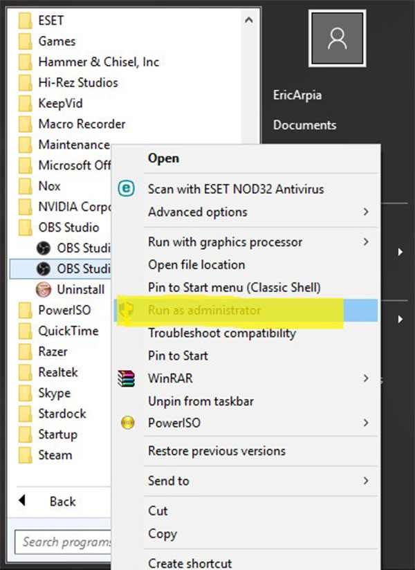 Запустите Obs As Admin