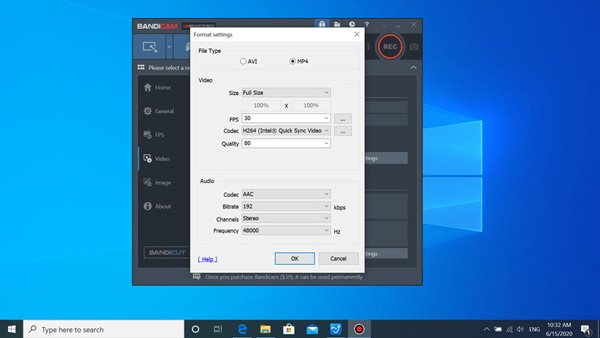 Configuración de formato de Bandicam