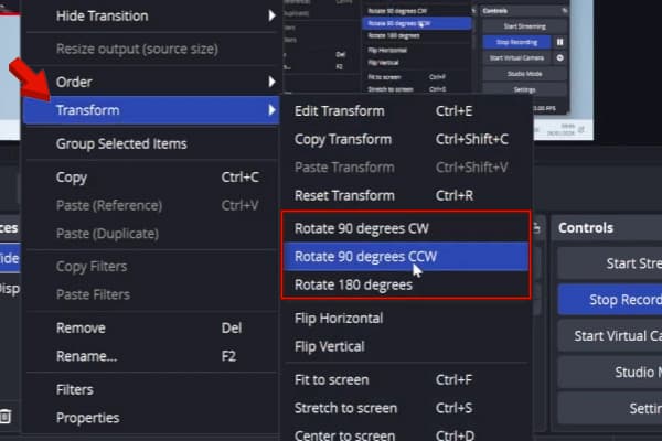 Select Rotate Option In OBS