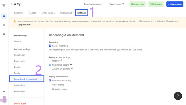 Enbter the Recording And On Demand Settings on Livestorm
