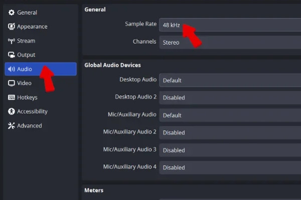 Set Sample Rate to 48kHz in OBS