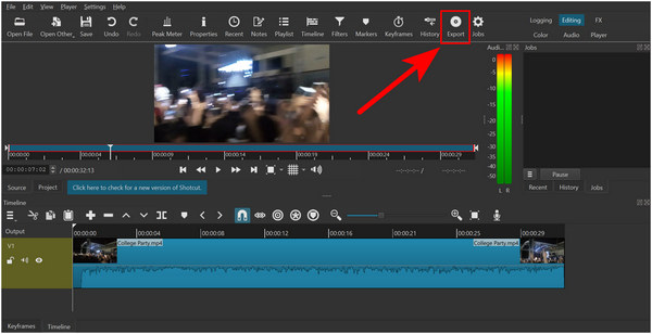 Pulsante di esportazione dell'editor video ShotCut