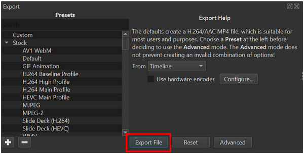 Arquivo de exportação do editor de vídeo ShotCut