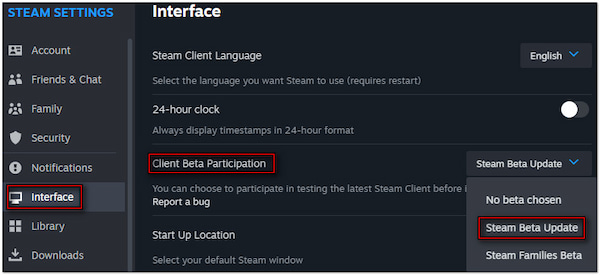 Select Steam Beta Update