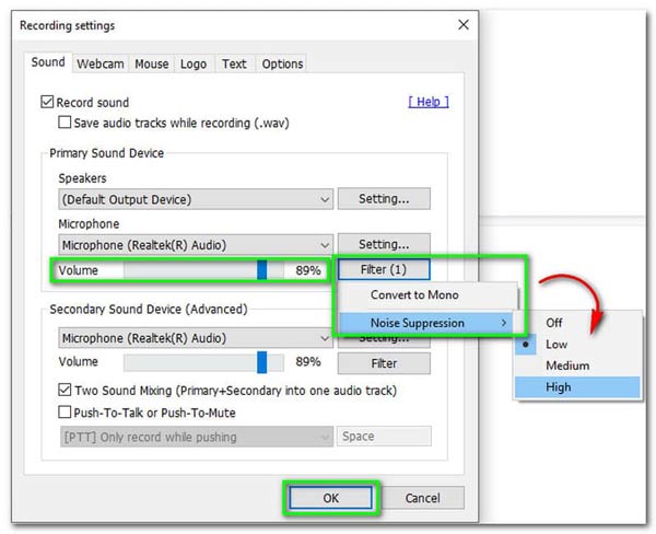 Bandicam microfoonvolume en filter