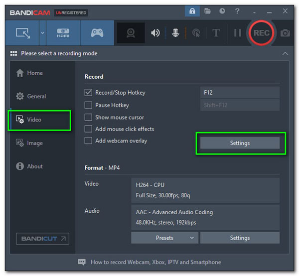 Configuración de video Bandicam