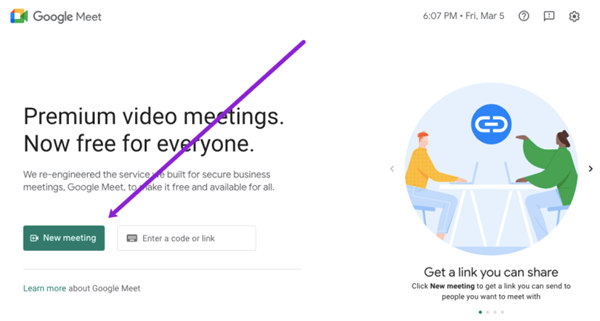Napsauta Uusi tapaamispainike Google Meet -sivustossa