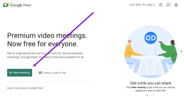 Klik op de nieuwe metting-knop op de Google Meet-website