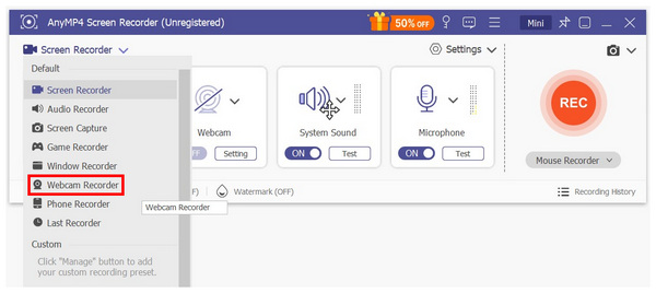 Anymp4 Screen Recorder Webcam Recorder Mode