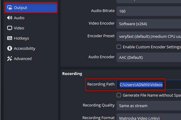 Check Recording Path in OBS