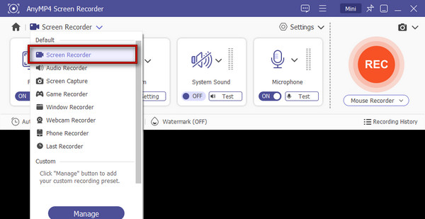 Select Screen Recorder Mode in AnyMP4 Screen Recorder