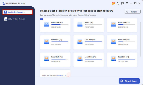 Select Stoarge Location in AnyMP4 Data Recovery
