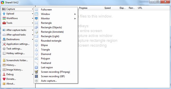 Interfaccia del registratore dello schermo di Sharex