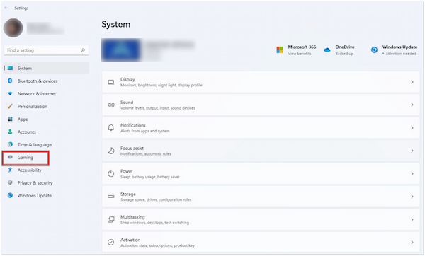 Choose Gaming in Settings