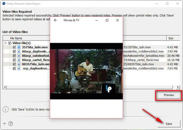 Preview and save repaired video