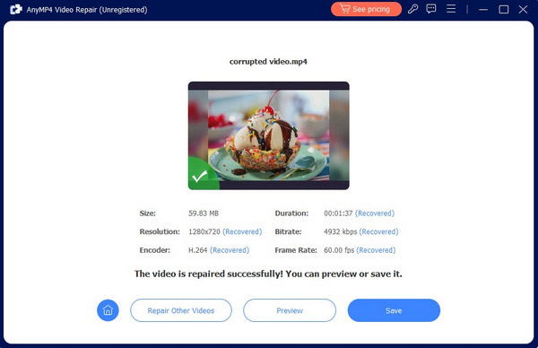 AnyMP4 Video Reparation Fix framgång