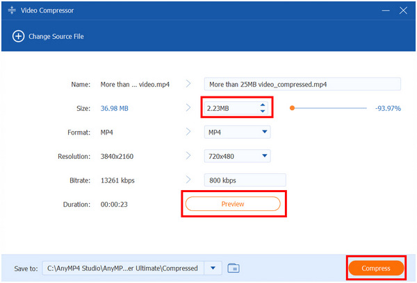 Anymp4 Video Converter Ultimate Video Compressor Ultimate forhåndsvisning eller komprimering