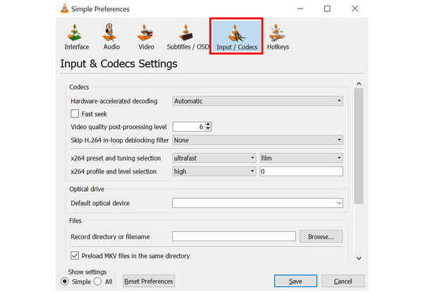 Preferenze di Vlc Media Player Codec di input