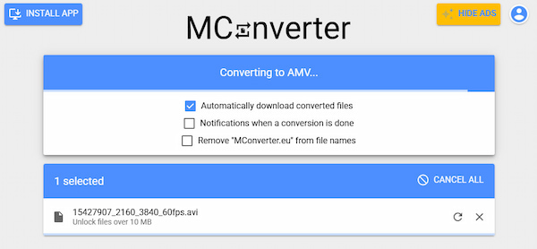 Az Mconverter elkezdi az Avi fájlok AMV-vé konvertálását