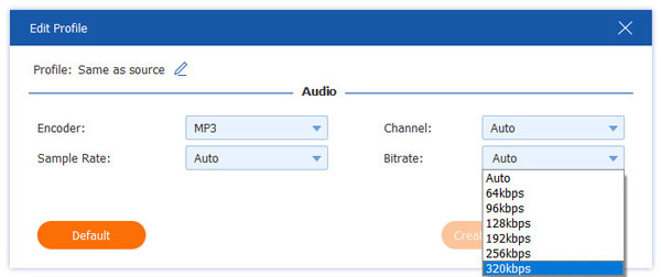 Juster lydhastighet på opptil 320 kbps