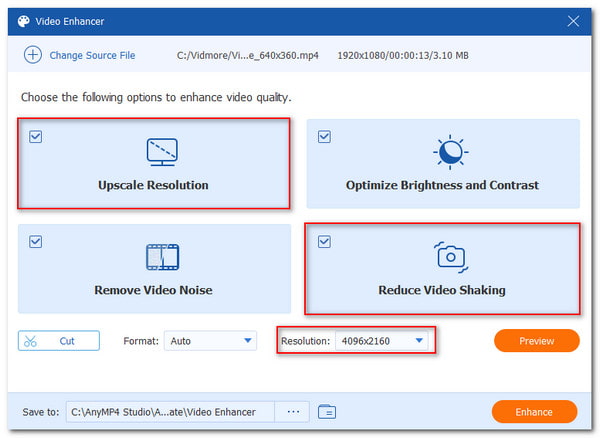 AnyMP4 Converter Ultimate Upscale Resolution Redukuje roztřesené video