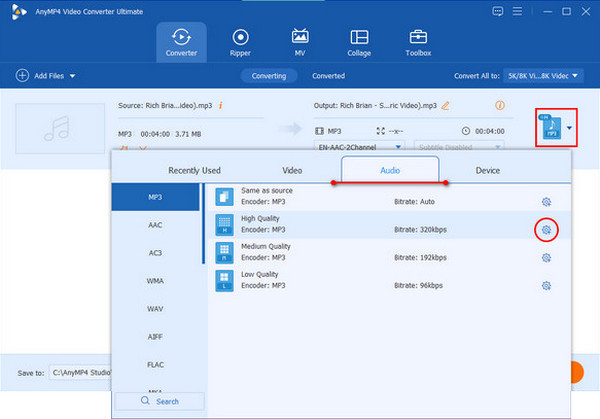 Alterar as configurações de conversão de MP3 Bitrate AnyMP4