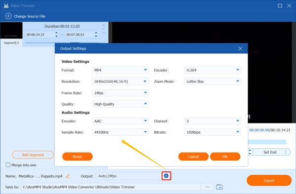 custom Output Settings Video Trimmer