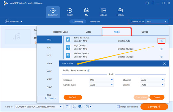 Select Output Audio Format and Edit Profile