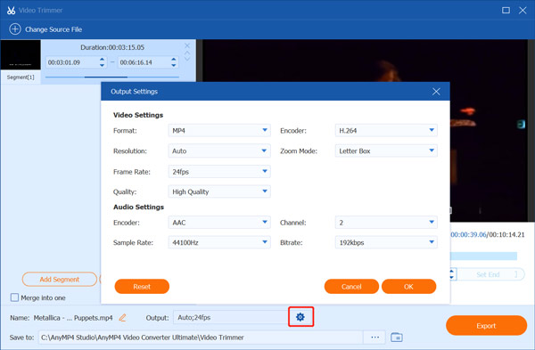 Trim video output settings